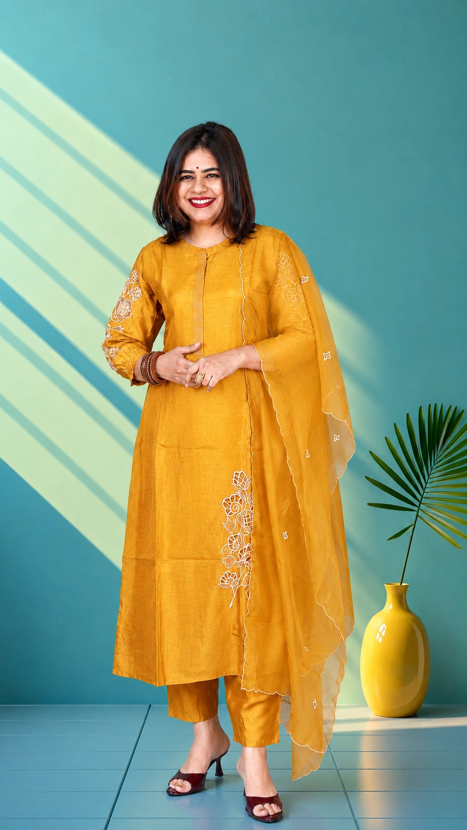 Mul chanderi suit set with cut work - Haldi yellow