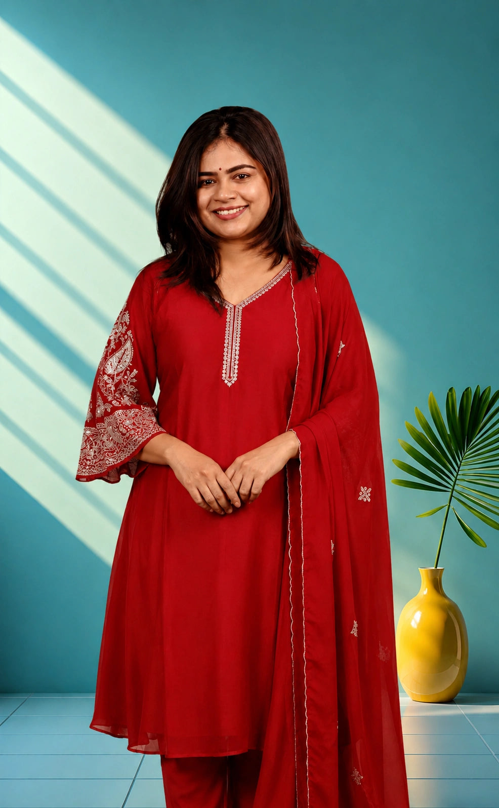 Mul chanderi suit set - Tomato red