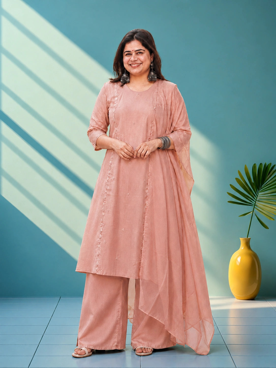 Mul chandeeri suit set wih hand embroidery - Sand bege