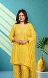 Mul chanderi suit set with thred work - Citrine yellow