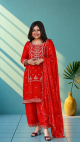 Velvet organza suit set with hand embroidery - Blood red