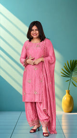 Velvet organza suit set with hand embroidery - Blood red