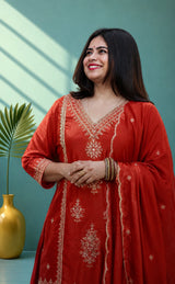 Velvet organza suit set with hand embroidery - Blood red