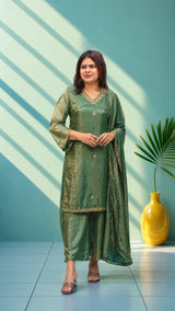 Velvet organza suit set with hand embroidery - Blood red