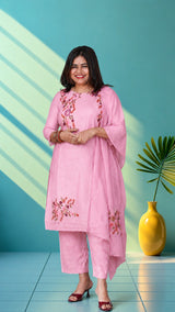 Pure linren suit set with embroidery - Soft purple