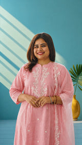 Muslin suit set with hand embroidery - Rastic orange