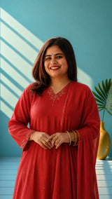 Muslin suit set with hand embroidery - Rastic orange