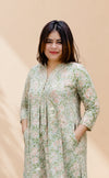 Gulabi Sanganeri Cotton Co-ord Set With Collar- Pale Teal & Rose