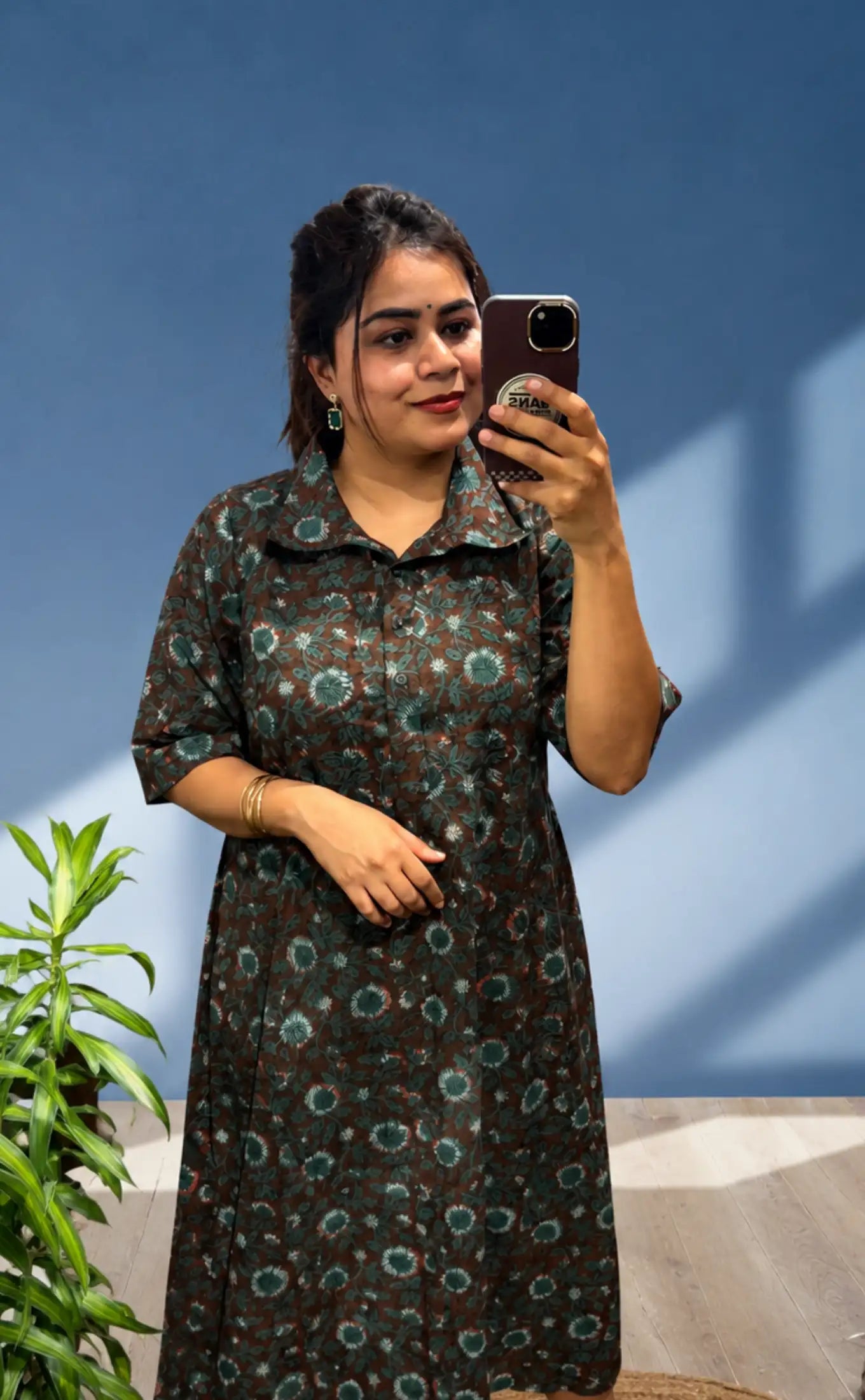 Harini Jahota Cotton Shirt Dress- Burned Maroon & Forest Green