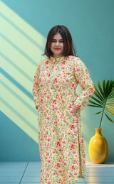 Veera Sanganeri Cotton Co-ord Set- Banana Yellow & Plum Red