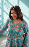 Kusuma Sanganeri Cotton Co-ord Set- Tifanny Blue & Pink