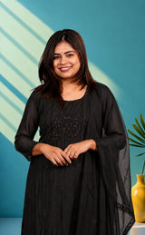 Mul chanderi suit set with thred work - Deep black