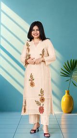 Mul chandery suit with thred work & sequence work - powder blue
