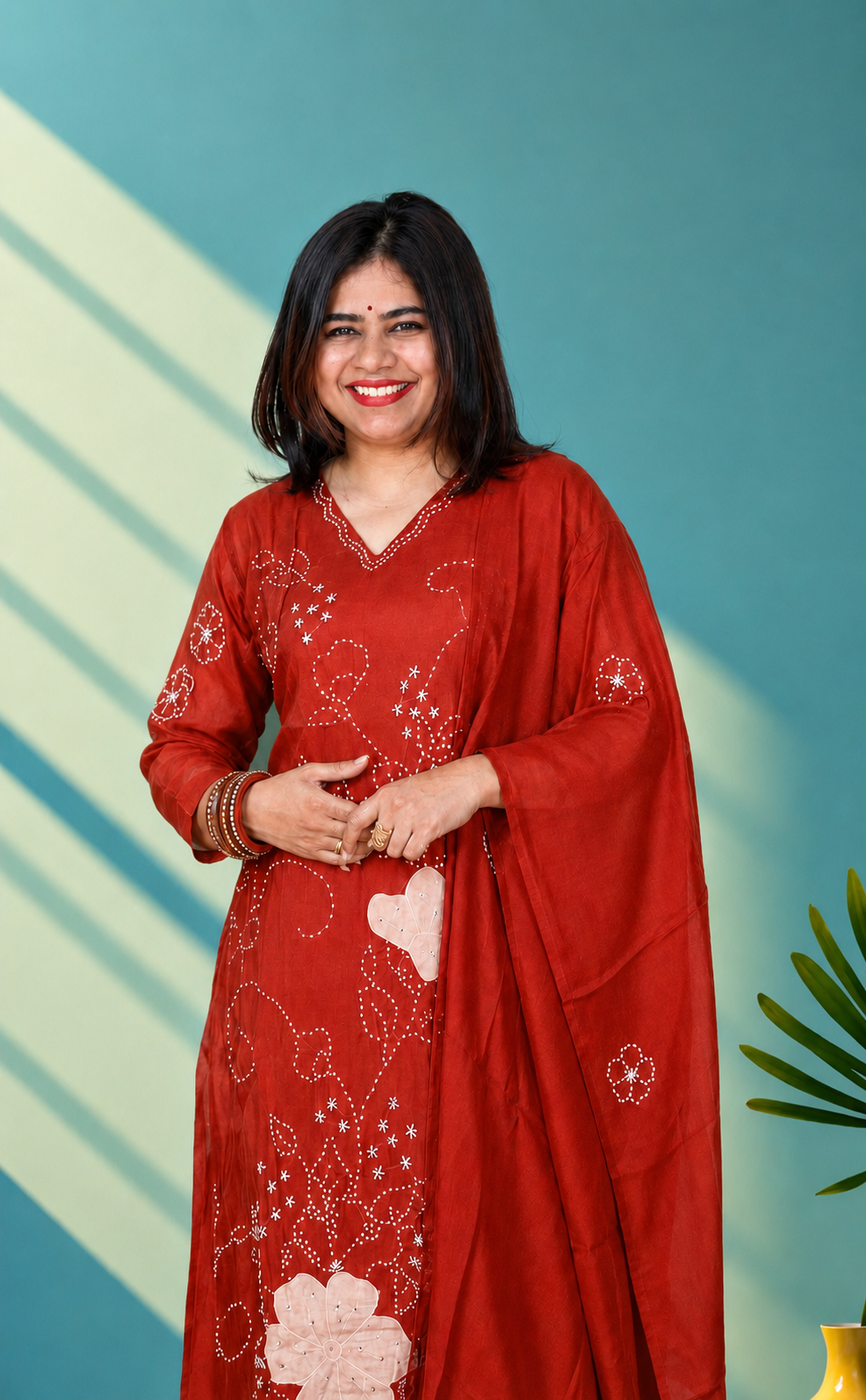 Mul chandery suit with hand embroidery -burned brick