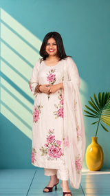 Mul chanderi suit set with hand embroidery - Milky white