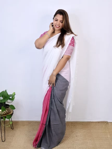 White, grey & flamingo pink Saree
