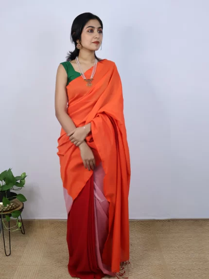 Orange, flamingo pink & red saree