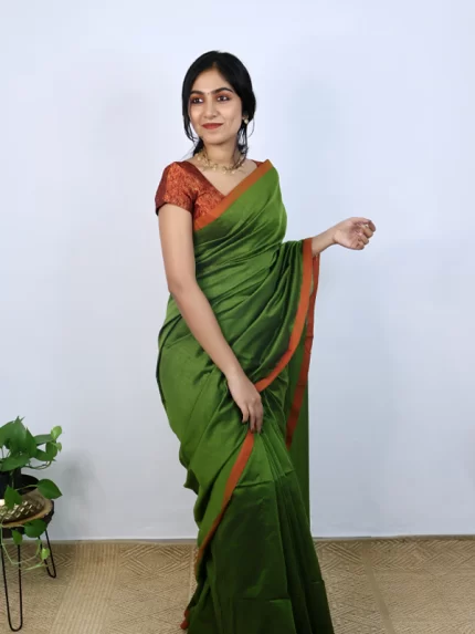 Olive green with orange border saree