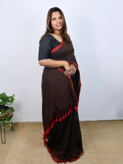 Cocoa brown with red border saree