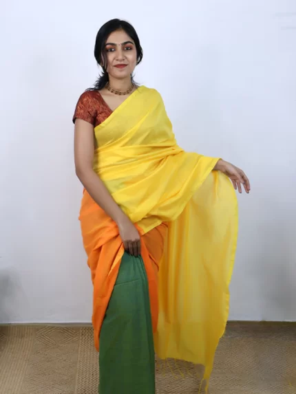 Yellow, orange & olive green saree
