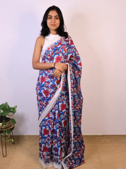 Ocean blue, maroon & white Jaipuri Kahani Saree