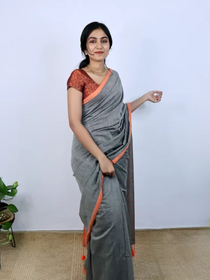 Grey with Orange border saree