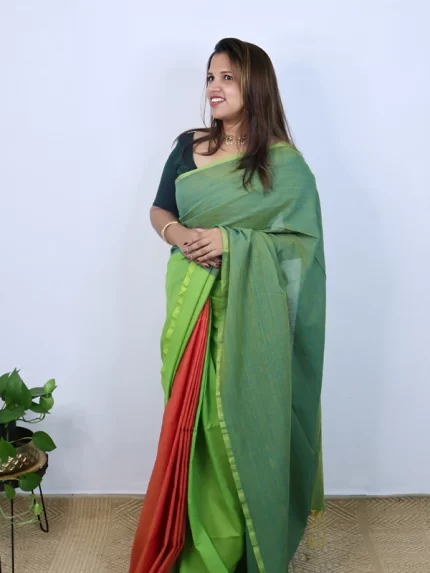 Olive green, parrot green & orange saree