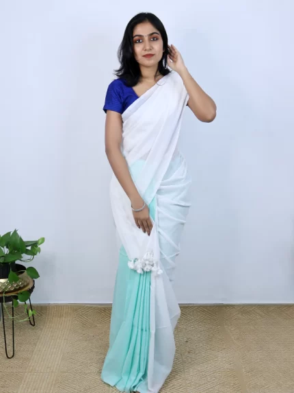 White & aqua blue saree