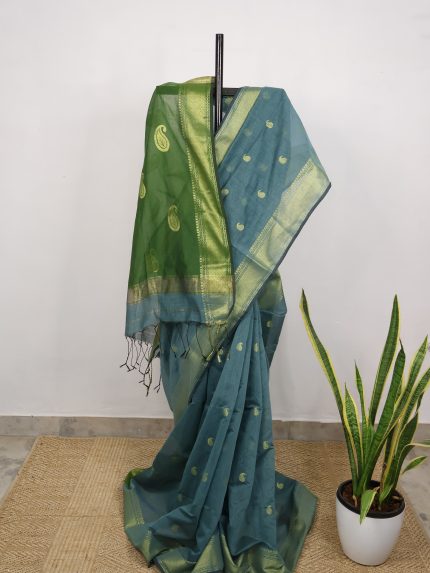 Grey & Olive Chanderi Cotton Saree