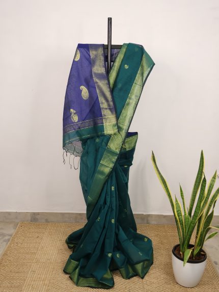 Dark Green & Navy Blue Chanderi Cotton Saree