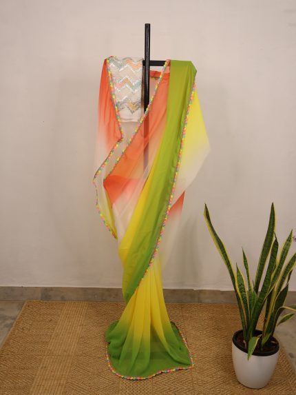 Green Yellow & Peach Rangeela Chiffon Saree
