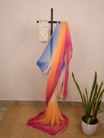 Blue Pink & Peach Rangeela Chiffon Saree