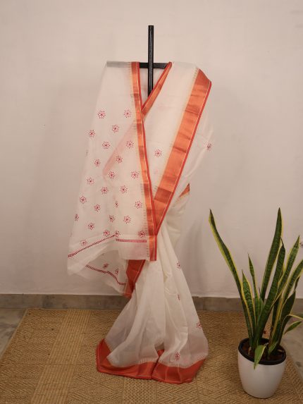 White & Red Semi-Chanderi Saree