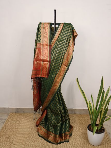 Green & Red  Semi-Banarasi Saree
