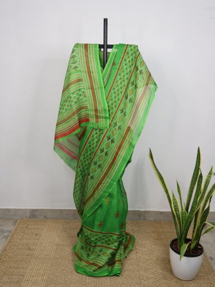 Parrot Green Geometrical Semi-Jute Kota Saree