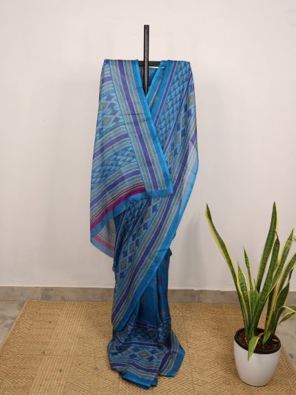 Sea Blue Geometrical Semi-Jute Kota Saree