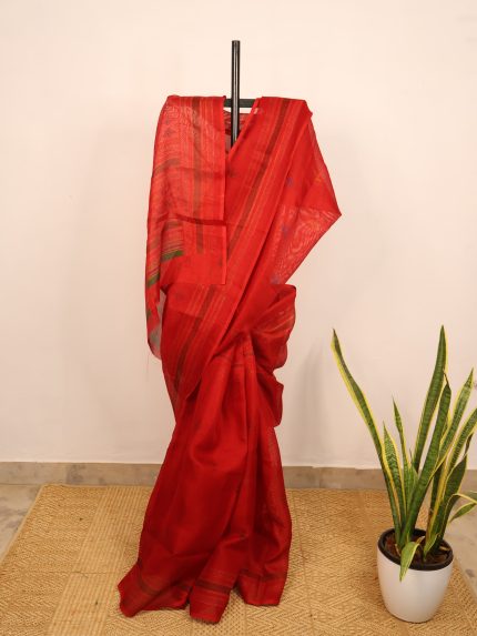 Red Geometrical Semi-Jute Kota Saree