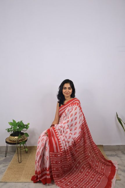 Red & White Jaipuri Kahani Saree