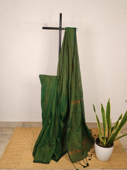 Bottle Green Mul Cotton Saree With Zari Lines