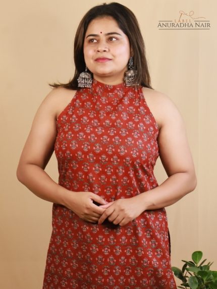 Red Print Halter Neck Kurti