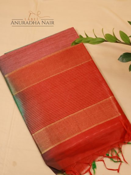 Red & Green Semi Tussar Slub Saree With Lines