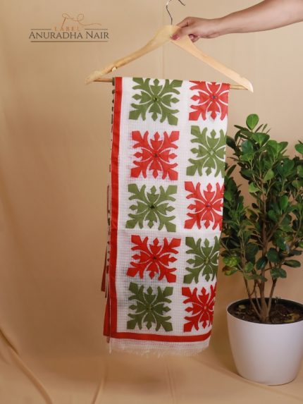 Red,Green and White Semi Kota Saree