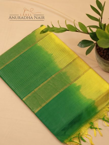 Green & Yellow Semi Tussar Slub Saree With Lines