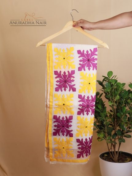 Yellow,Violet and White Semi Kota Saree